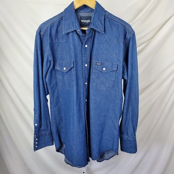 WRANGLER Denim Pearl Snap Western Workwear Shirt Blue Cotton Cowgirl (C-2) - Picture 3 of 9